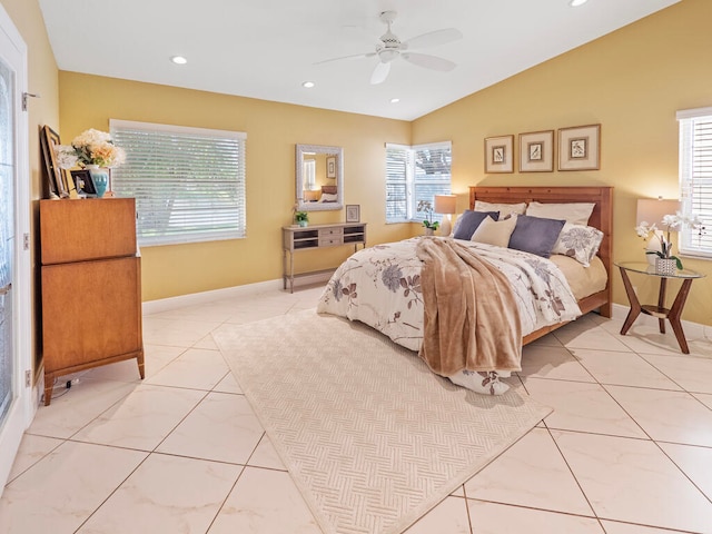 bedroom featuring vaulted ceiling and ceiling fan