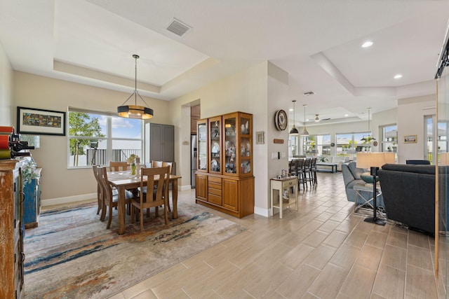 dining room featuring a tray ceiling and plenty of natural light