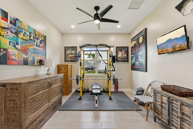 workout room with ceiling fan