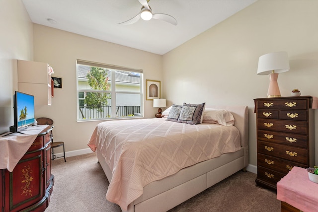 bedroom with ceiling fan and carpet flooring