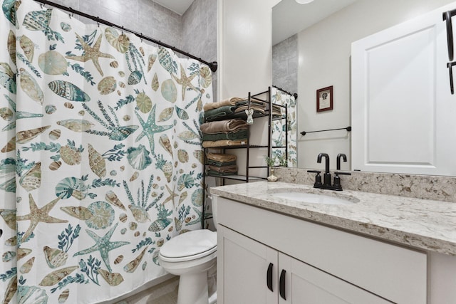 bathroom featuring vanity, toilet, and a shower with shower curtain