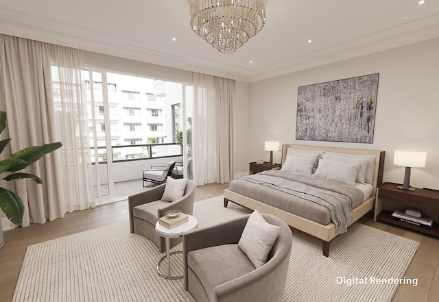 bedroom with wood-type flooring, an inviting chandelier, and crown molding