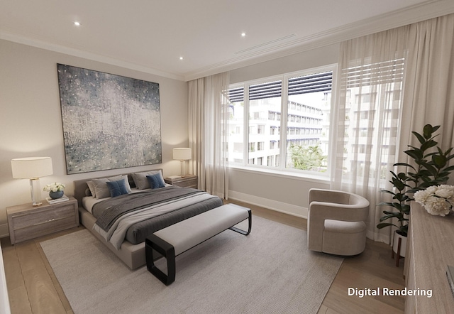 bedroom with ornamental molding and light hardwood / wood-style floors