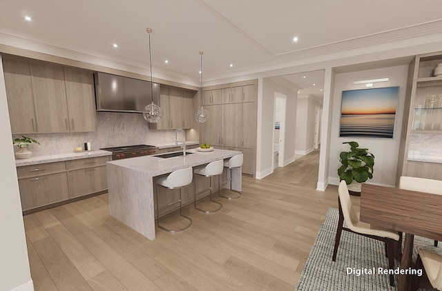 kitchen with light hardwood / wood-style floors, a kitchen island with sink, sink, decorative backsplash, and decorative light fixtures