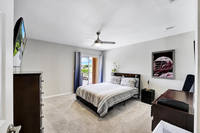 carpeted bedroom featuring access to outside and ceiling fan