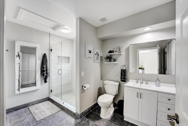 bathroom with walk in shower, vanity, and toilet