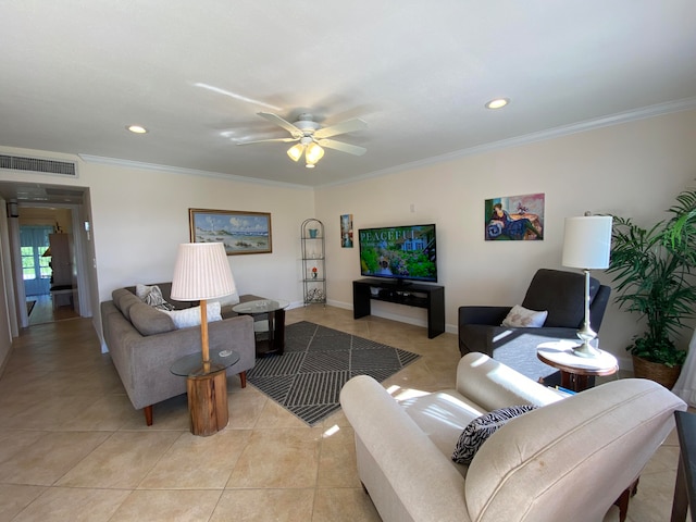 tiled living room featuring ceiling fan and crown molding