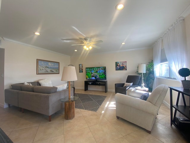 tiled living room featuring crown molding and ceiling fan