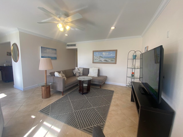 living room featuring ornamental molding, ceiling fan, and light tile patterned flooring