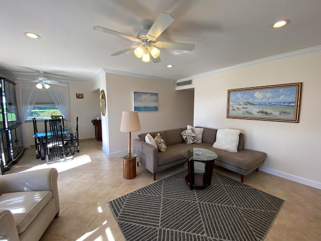 tiled living room with ceiling fan and ornamental molding