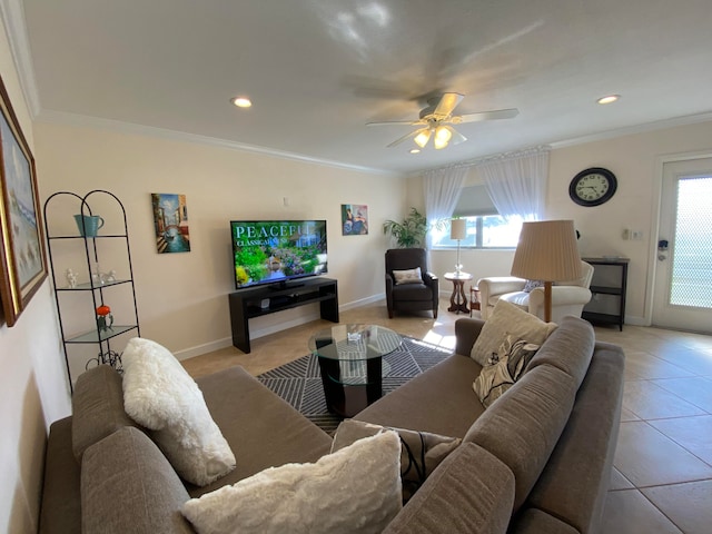 tiled living room featuring ceiling fan and crown molding