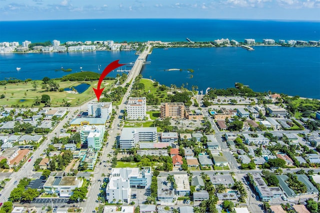 drone / aerial view featuring a water view