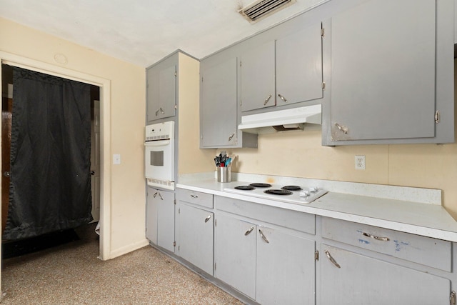 kitchen featuring gray cabinetry and white appliances