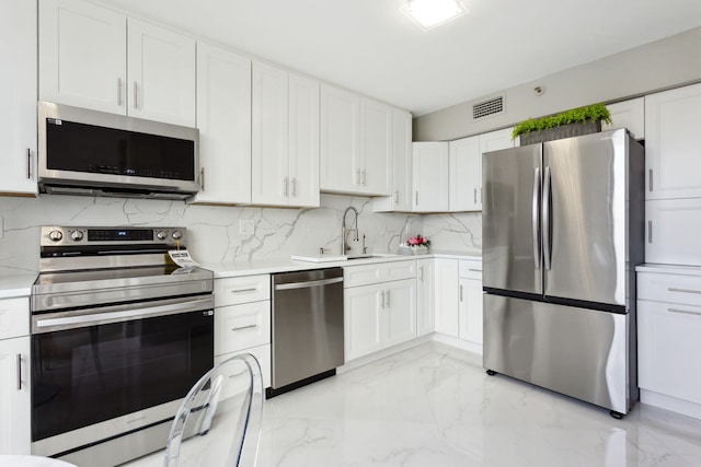 kitchen featuring decorative backsplash, appliances with stainless steel finishes, sink, and white cabinetry