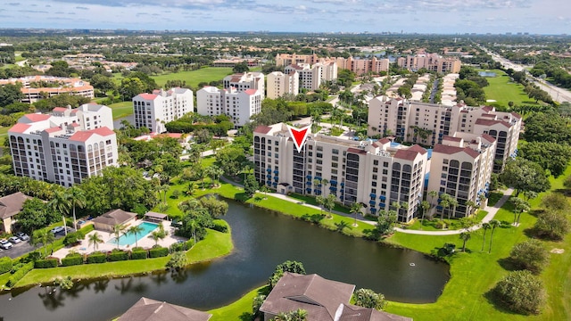 drone / aerial view featuring a water view