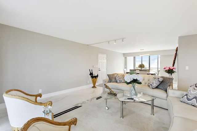 carpeted living room featuring track lighting