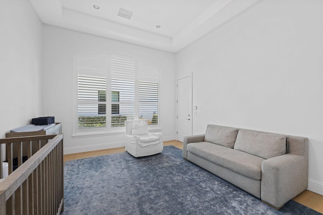 living room featuring hardwood / wood-style flooring and a tray ceiling