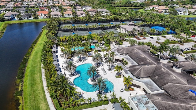 aerial view featuring a water view