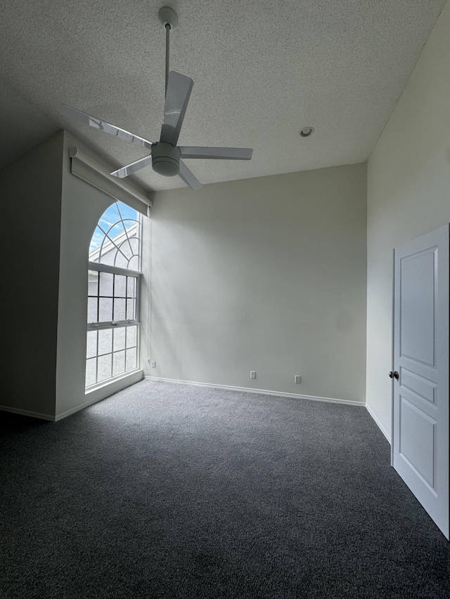 interior space featuring dark carpet, a textured ceiling, lofted ceiling, and ceiling fan