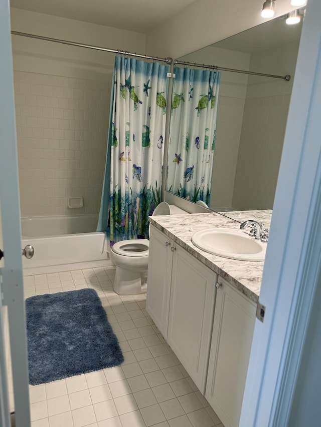 full bathroom featuring shower / tub combo, tile patterned flooring, vanity, and toilet