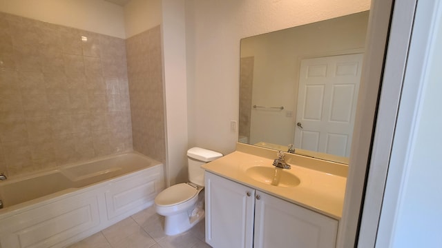 full bathroom with tile patterned floors, tiled shower / bath combo, vanity, and toilet