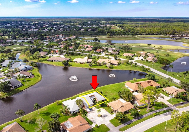 drone / aerial view featuring a water view