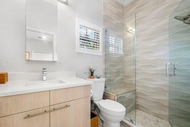 bathroom featuring a shower with door, vanity, and toilet