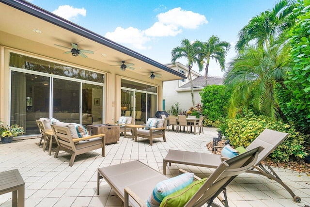 view of patio / terrace featuring ceiling fan and an outdoor hangout area