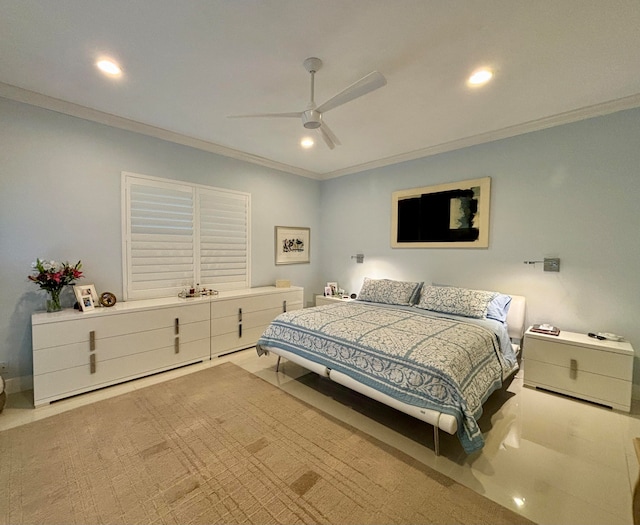 bedroom with crown molding, light colored carpet, and ceiling fan