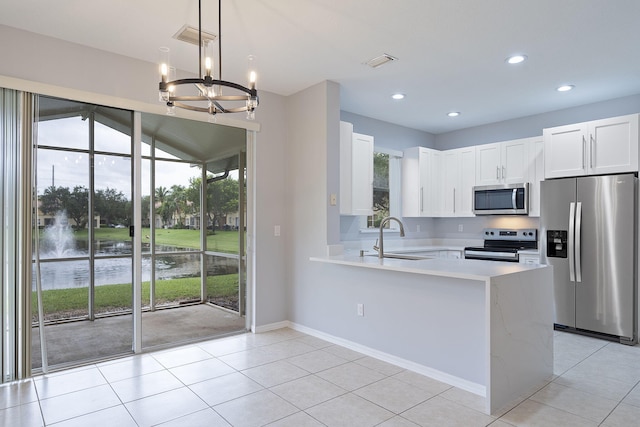 kitchen featuring white cabinetry, kitchen peninsula, pendant lighting, stainless steel appliances, and sink