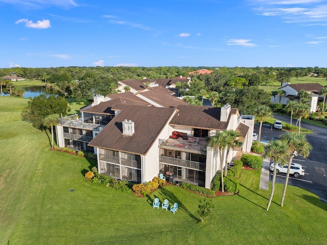 bird's eye view with a water view