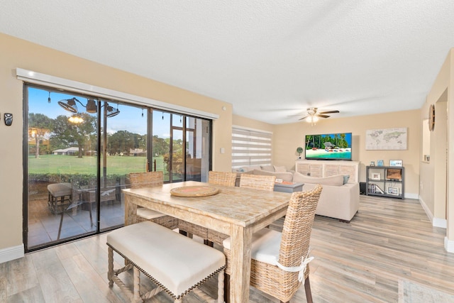 dining room with light wood-type flooring, a textured ceiling, and ceiling fan