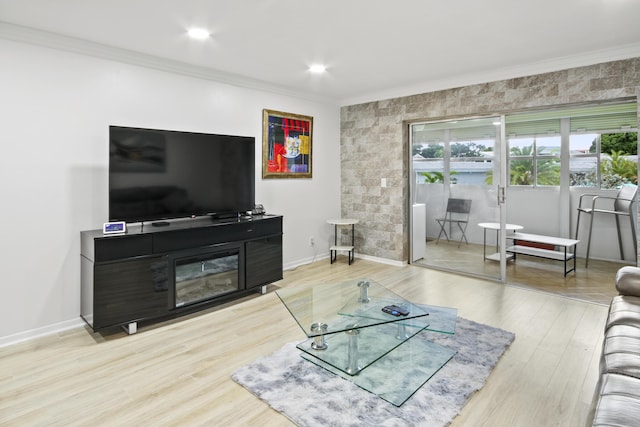 living room featuring crown molding and hardwood / wood-style flooring