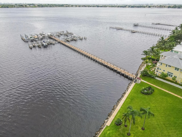 drone / aerial view featuring a water view