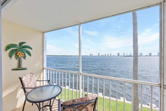 interior space featuring a water view