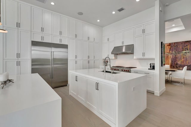 kitchen with white cabinetry, a kitchen island with sink, and appliances with stainless steel finishes