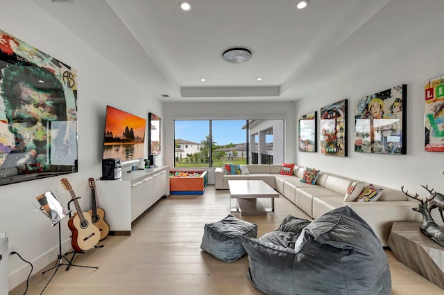 living room featuring a raised ceiling and light hardwood / wood-style flooring