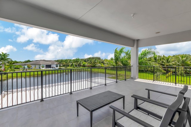 view of patio / terrace featuring a water view