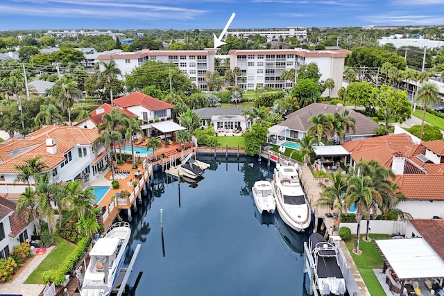 drone / aerial view featuring a water view