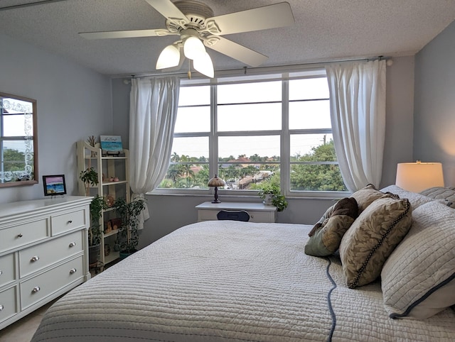 bedroom with a textured ceiling and ceiling fan