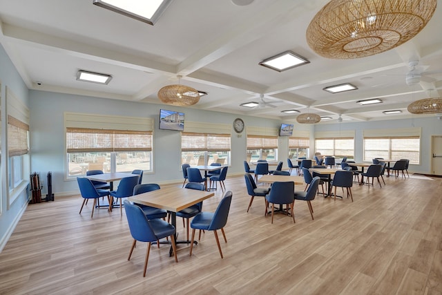 dining room featuring light hardwood / wood-style floors, a healthy amount of sunlight, and ceiling fan