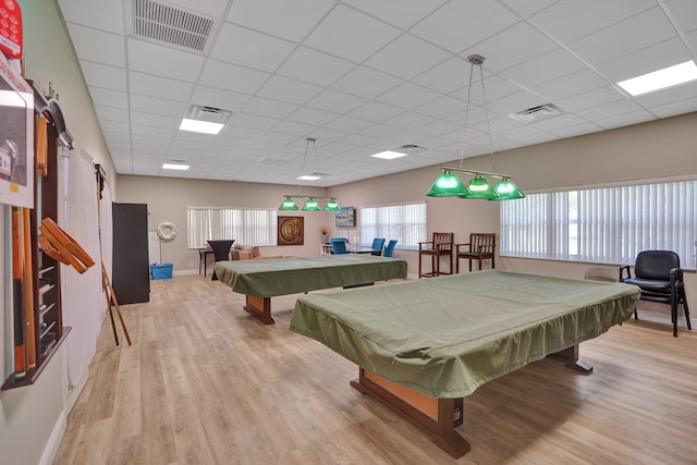 rec room featuring light hardwood / wood-style floors, a paneled ceiling, and billiards