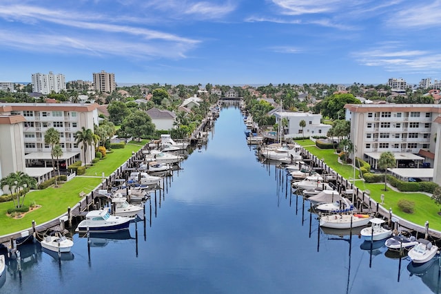 view of water feature with a boat dock