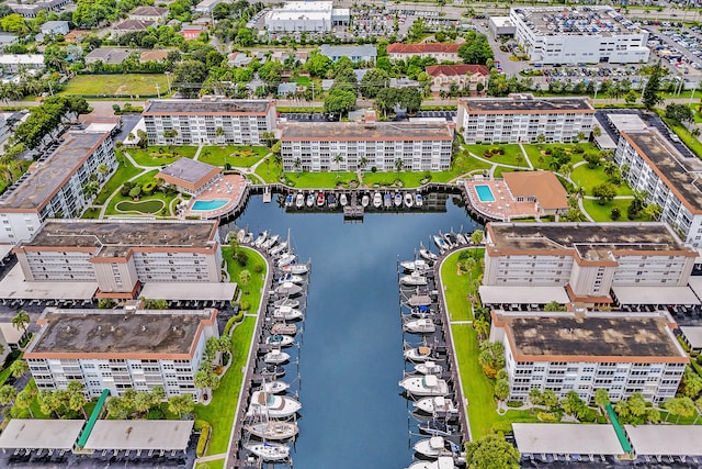 bird's eye view with a water view