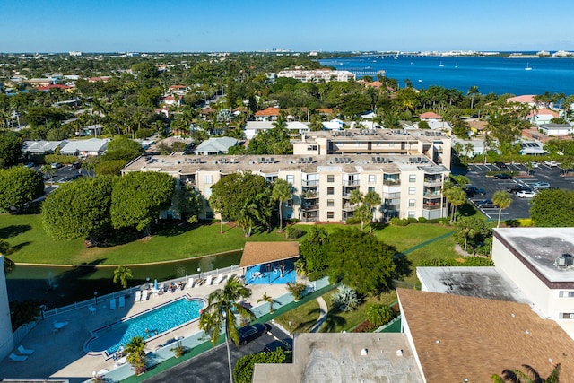 aerial view featuring a water view