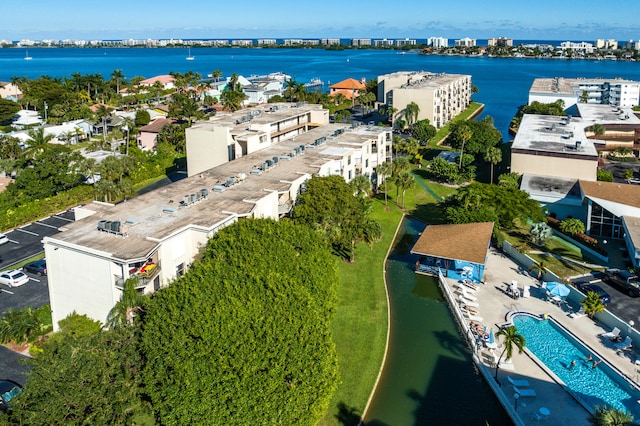 drone / aerial view featuring a water view