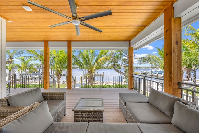 sunroom featuring a healthy amount of sunlight, a water view, wood ceiling, and ceiling fan