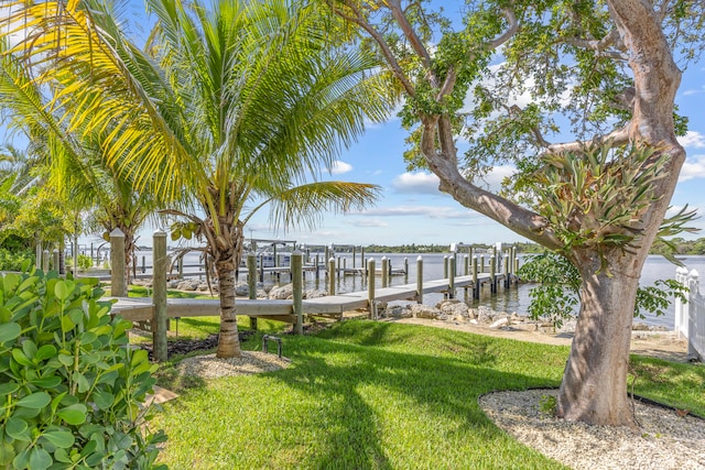 dock area with a water view and a yard