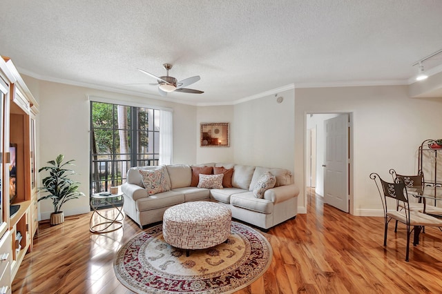 630 S Sapodilla Ave Unit 216, West Palm Beach, FL 33401 - living room with light wood-type flooring, a ceiling fan, crown molding, a textured ceiling, and rail lighting