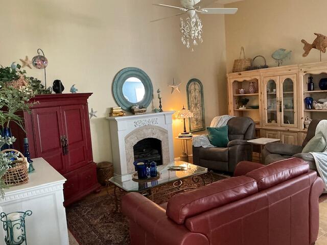 living room featuring ceiling fan